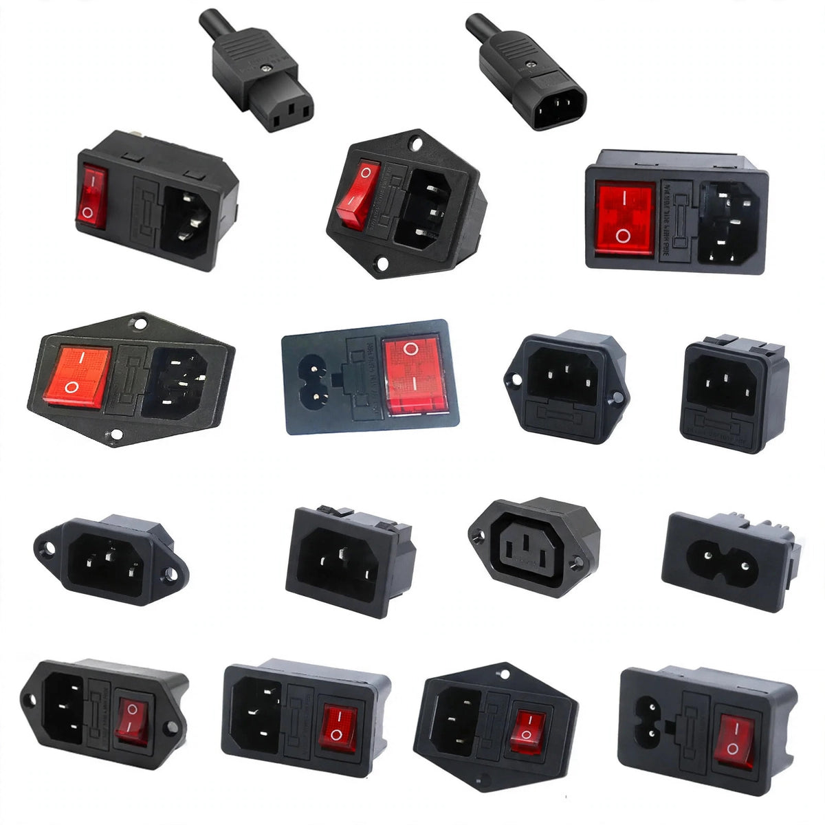3-pin IEC320 C14 inlet plug connector with integrated rocker switch and LED indicator