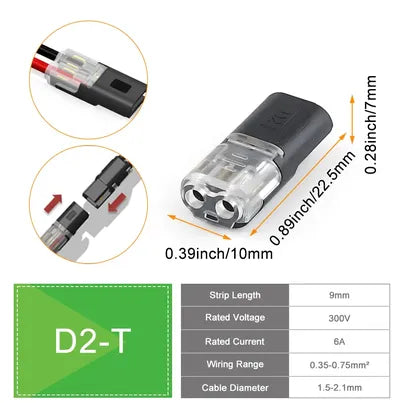 D2 Wire Connector | 2-Pin Quick Push-In Terminal Block | Low-Voltage Cables