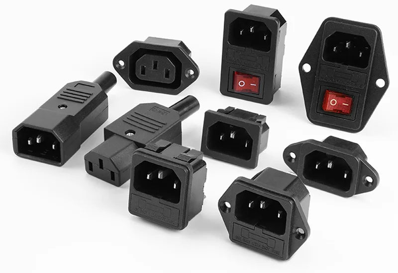 3-pin IEC320 C14 inlet plug connector with integrated rocker switch and LED indicator