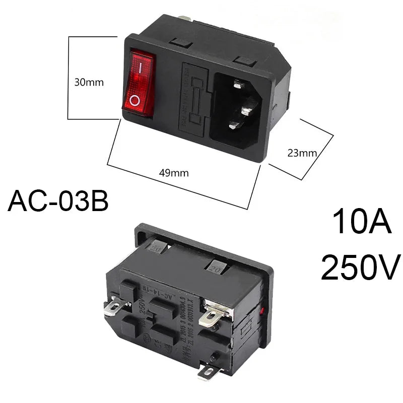 Inlet Plug Pin Connector 3 Pin IEC320 C14 Electrical Socket LED 250V Rocker Switch Brass 10A Fuse Computer Mount Accessories