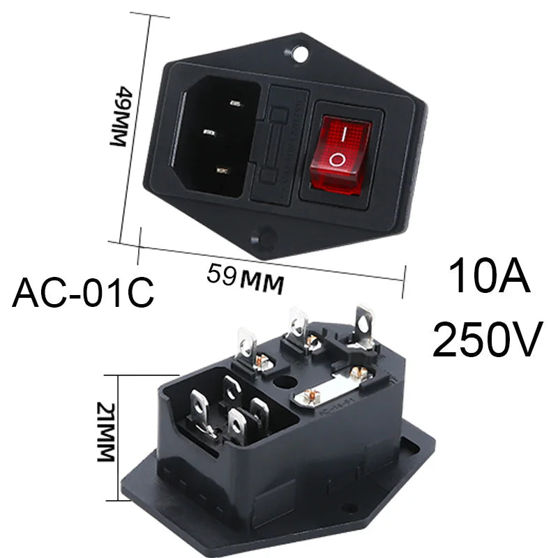 Inlet Plug Pin Connector 3 Pin IEC320 C14 Electrical Socket LED 250V Rocker Switch Brass 10A Fuse Computer Mount Accessories