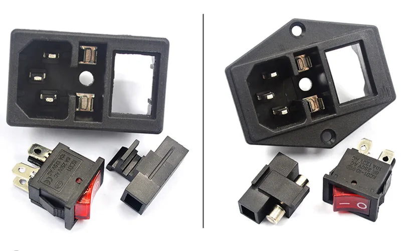 3-pin IEC320 C14 inlet plug connector with integrated rocker switch and LED indicator