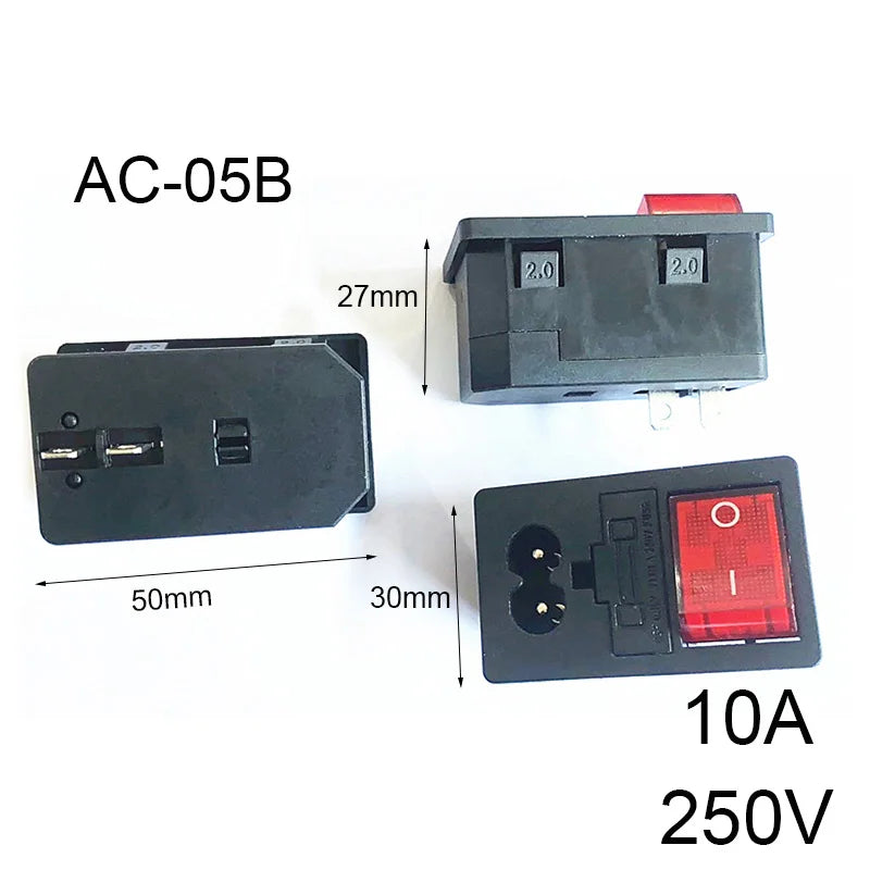 3-pin IEC320 C14 inlet plug connector with integrated rocker switch and LED indicator