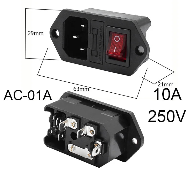 3-pin IEC320 C14 inlet plug connector with integrated rocker switch and LED indicator