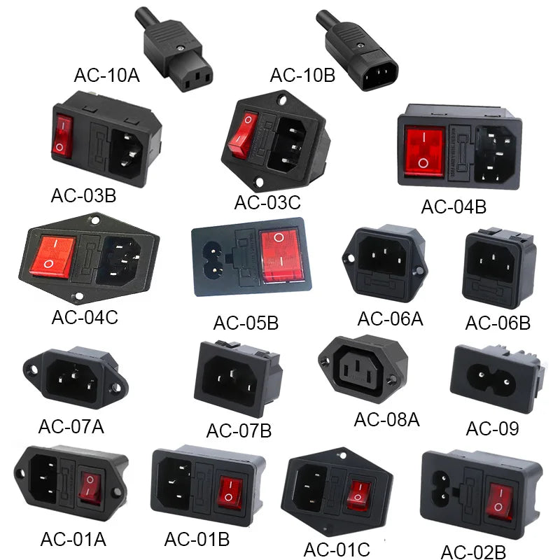 3-pin IEC320 C14 inlet plug connector with integrated rocker switch and LED indicator