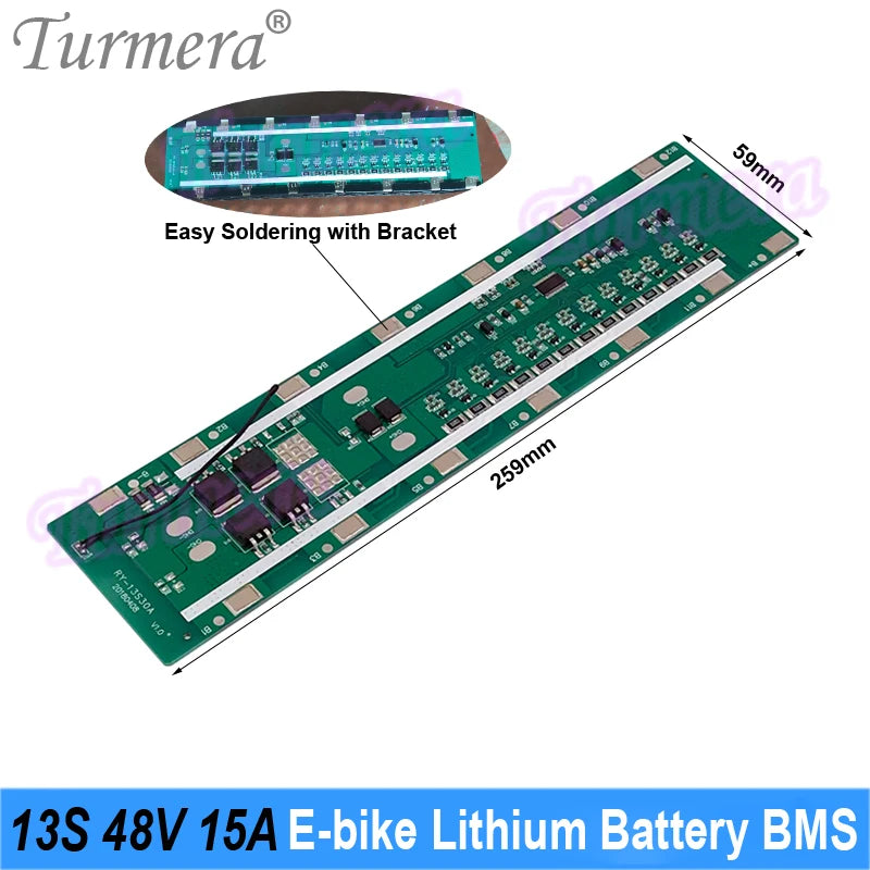 Turmera 48V Silver Fish Battery 13S5P 18650 Holder with 13S 15A Balancing BMS Welding Nickel for 52V Electric Bike Batteries Use