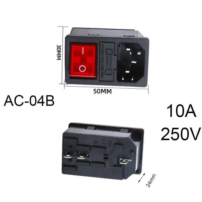 3-pin IEC320 C14 inlet plug connector with integrated rocker switch and LED indicator