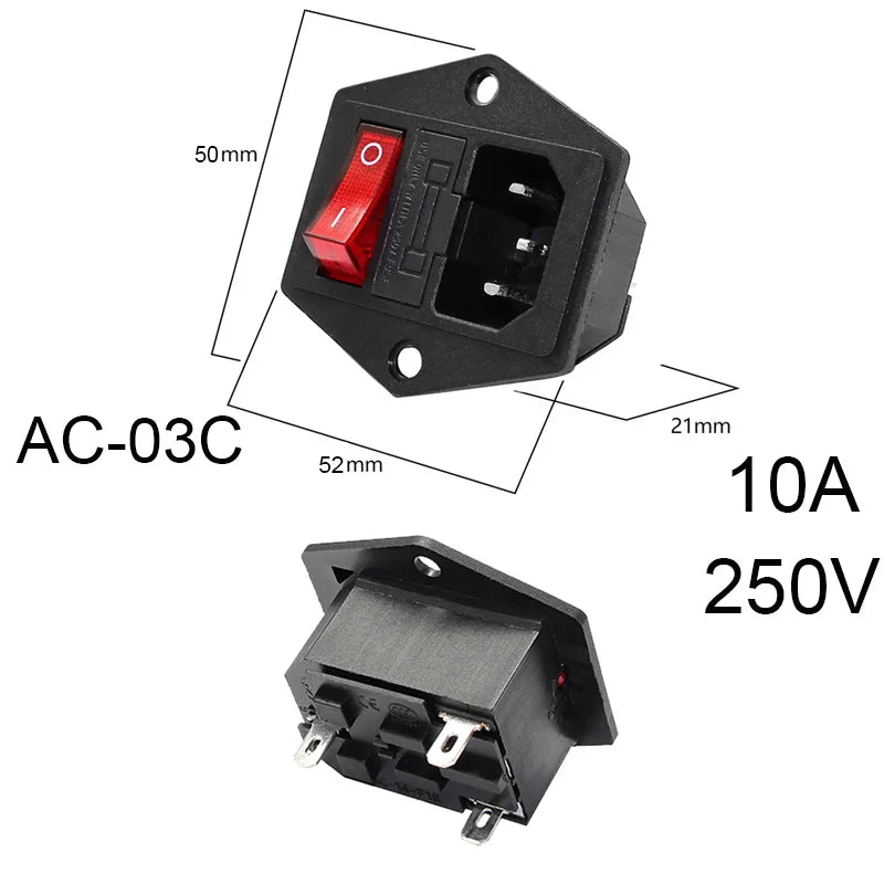 3-pin IEC320 C14 inlet plug connector with integrated rocker switch and LED indicator