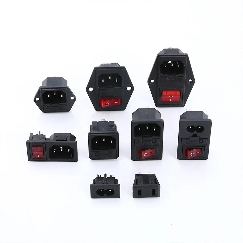 3-pin IEC320 C14 inlet plug connector with integrated rocker switch and LED indicator