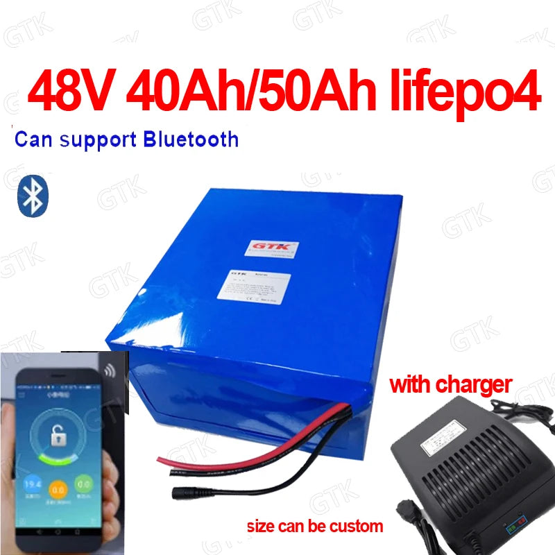 GTK 48V 40Ah/50Ah LiFePO4 Battery Pack | Bluetooth BMS with App, Charger Included | For 2000W E-Scooters & E-Bikes