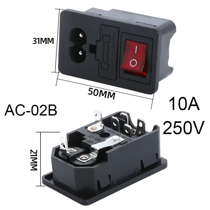 Inlet Plug Pin Connector 3 Pin IEC320 C14 Electrical Socket LED 250V Rocker Switch Brass 10A Fuse Computer Mount Accessories