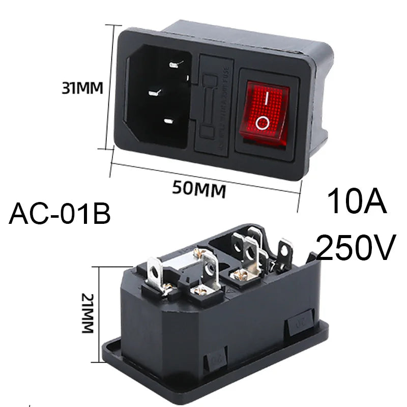 Inlet Plug Pin Connector 3 Pin IEC320 C14 Electrical Socket LED 250V Rocker Switch Brass 10A Fuse Computer Mount Accessories