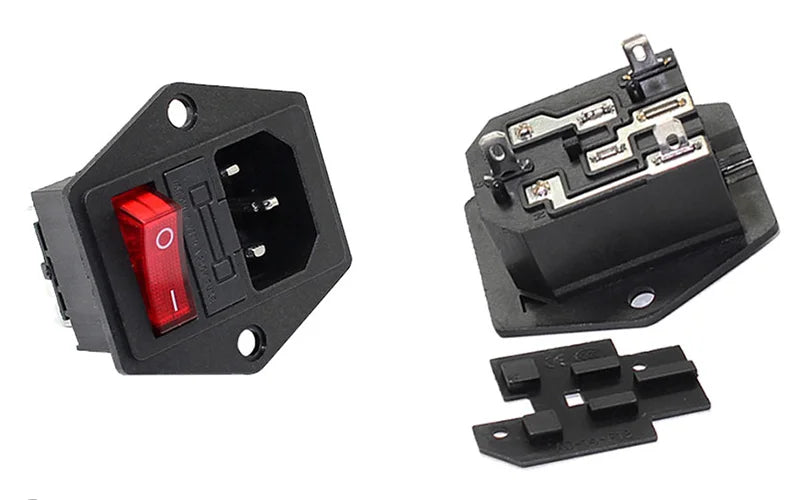 3-pin IEC320 C14 inlet plug connector with integrated rocker switch and LED indicator