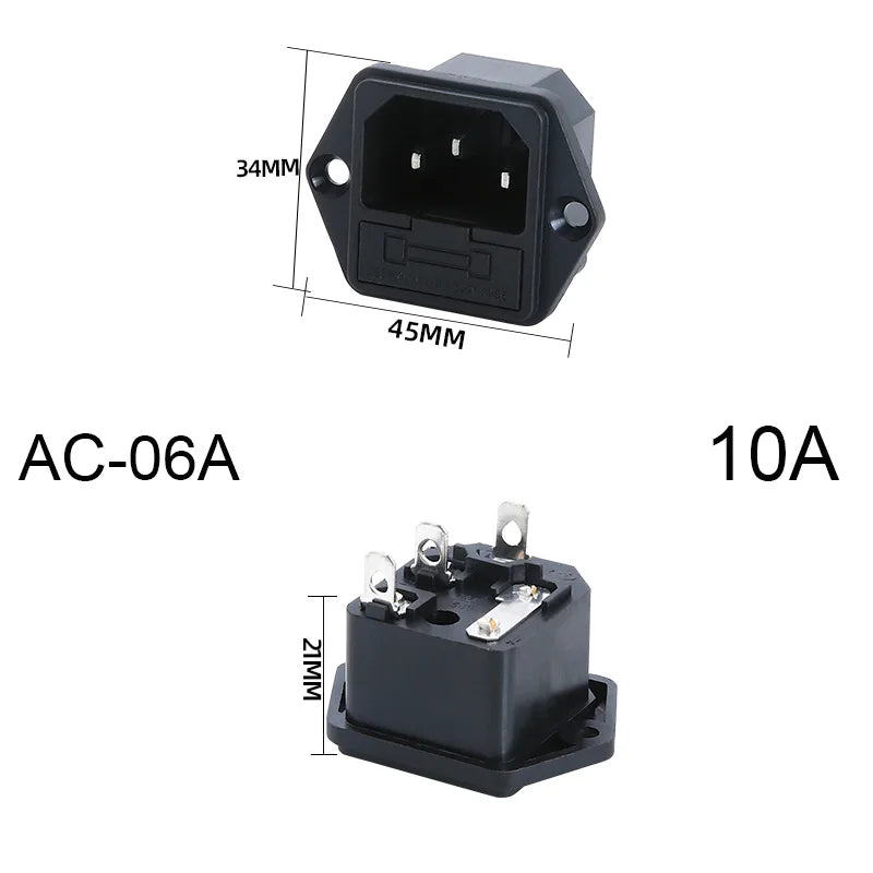 3-pin IEC320 C14 inlet plug connector with integrated rocker switch and LED indicator