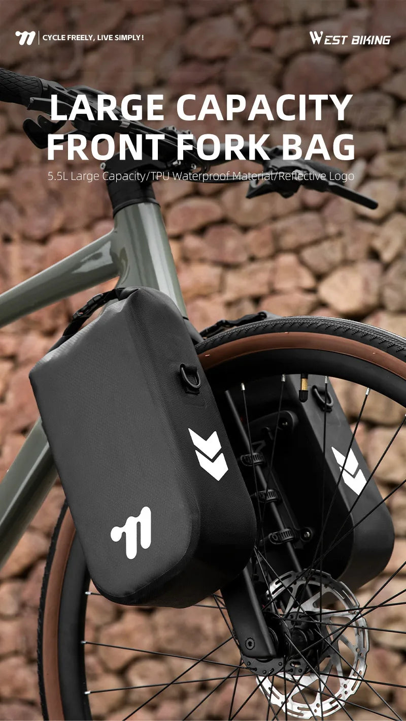 WEST BIKING Bike Front Fork Bag Quick Release Waterproof For Mtb Road Bike Bikepacking Cycling Storage Bag 5.5L Large Capacity