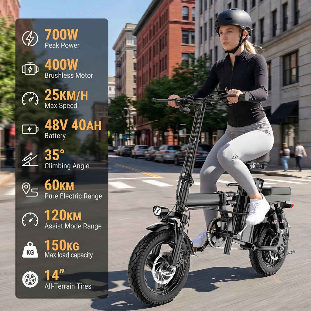 14-Inch Folding Electric Bicycle | 500W Motor, 48V 10.4Ah Lithium Battery | Portable City E-Bike