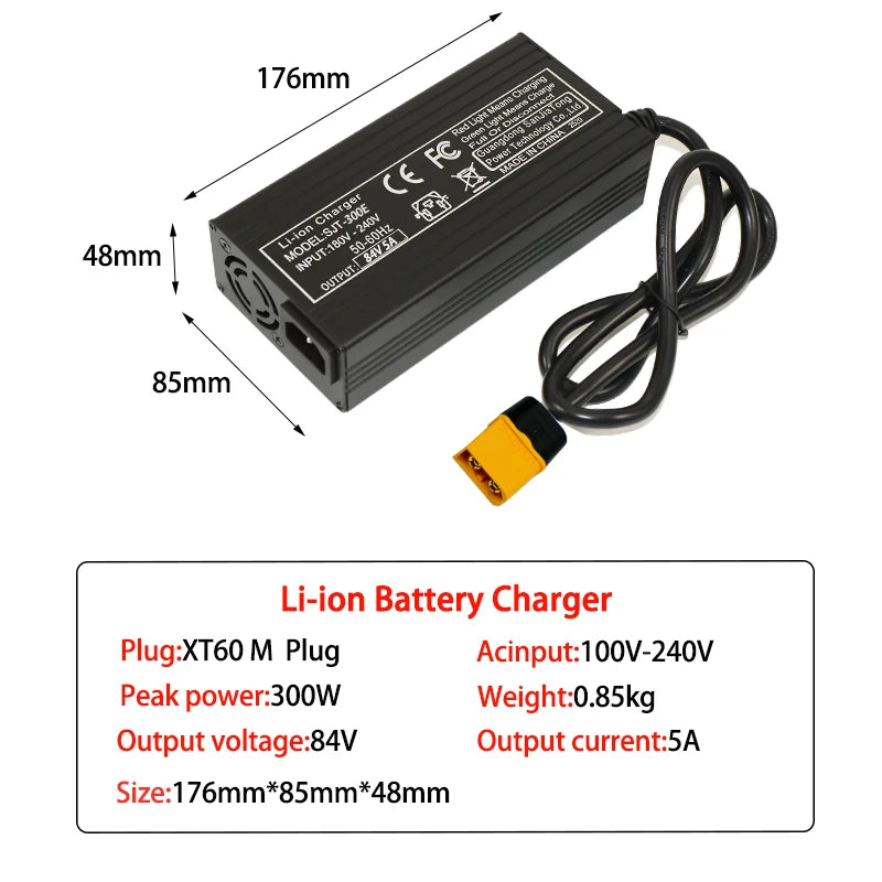 84V 5A Li-Ion Battery Charger | 7 Connector Options | 20S Packs