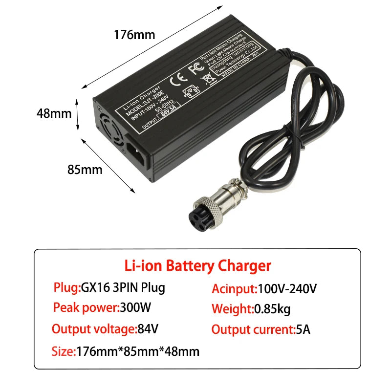 84V 5A Li-Ion Battery Charger | 7 Connector Options | 20S Packs