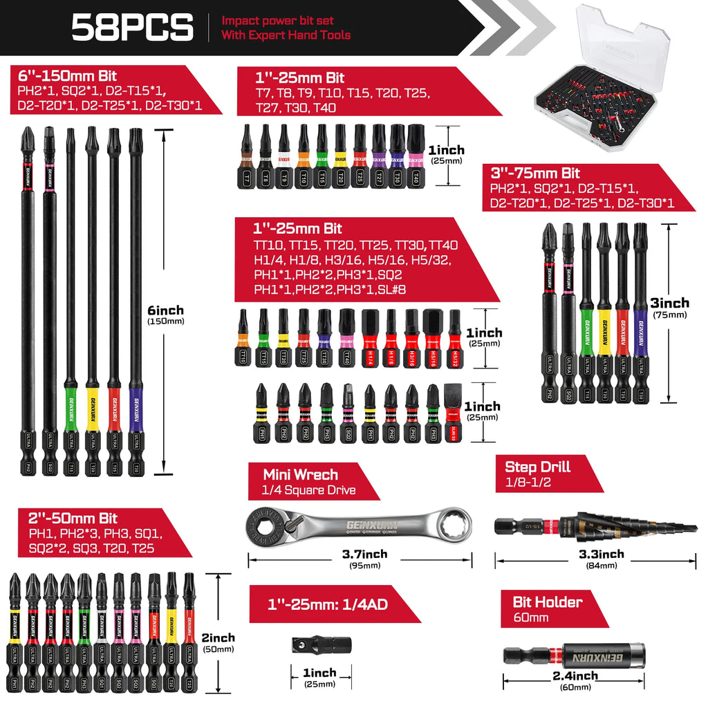 58-Pc Tool Set | Impact Bits + Step Drill | DIY & Bike Repairs