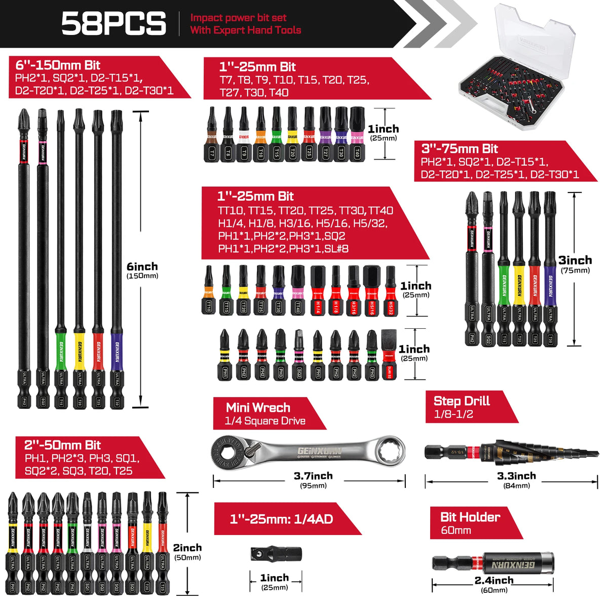 58-Pc Tool Set | Impact Bits + Step Drill | DIY & Bike Repairs