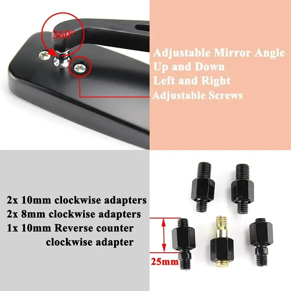 Universal Side Mirrors | Adjustable Rear-View Pair | 8mm/10mm Thread