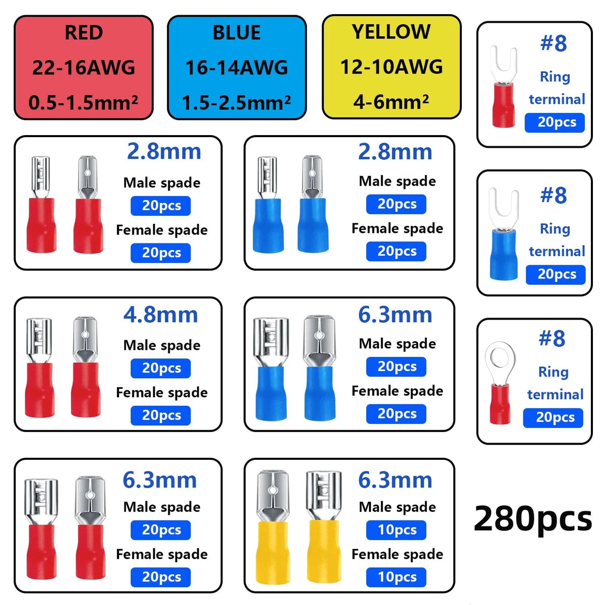 280-Pc Crimp Terminal Kit | 2.8/4.8/6.3mm Spade | 15 Types