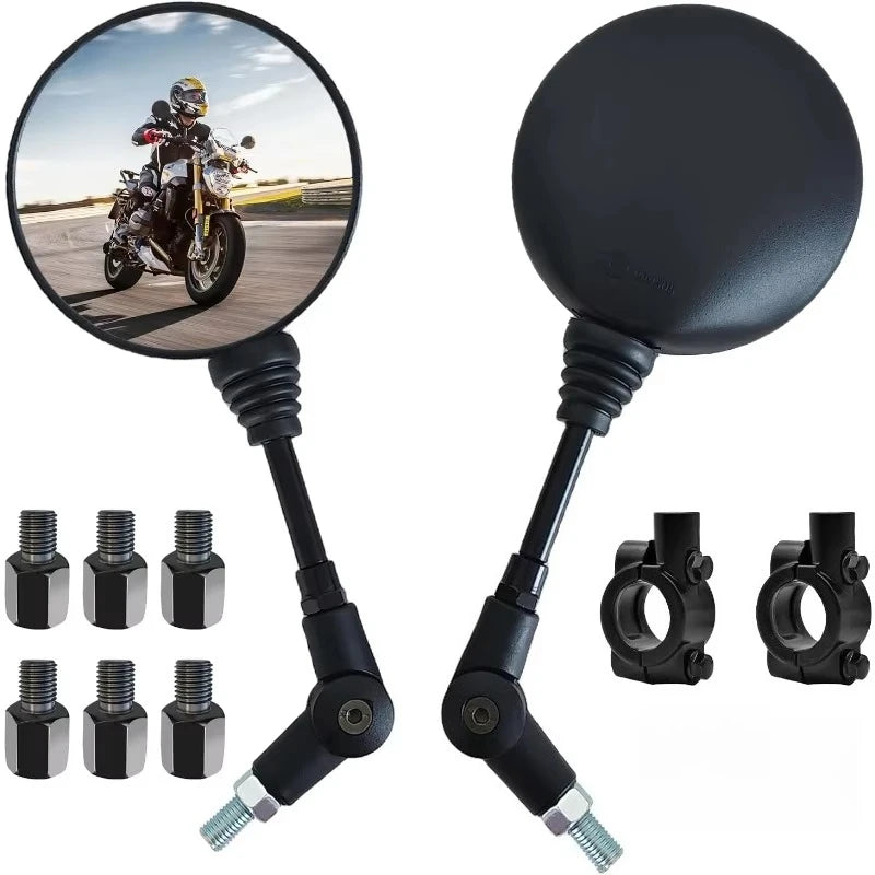 Folding Round Rearview Mirrors | Wide-Angle Glass | M8/M10 Mount