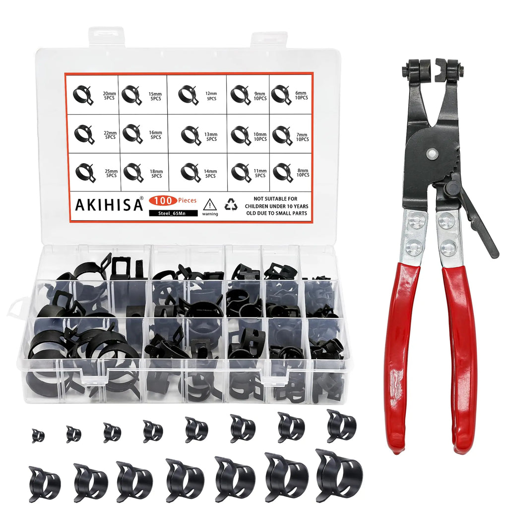 100-Pack 6-25mm Spring Hose Clamps | Plier Kit Included