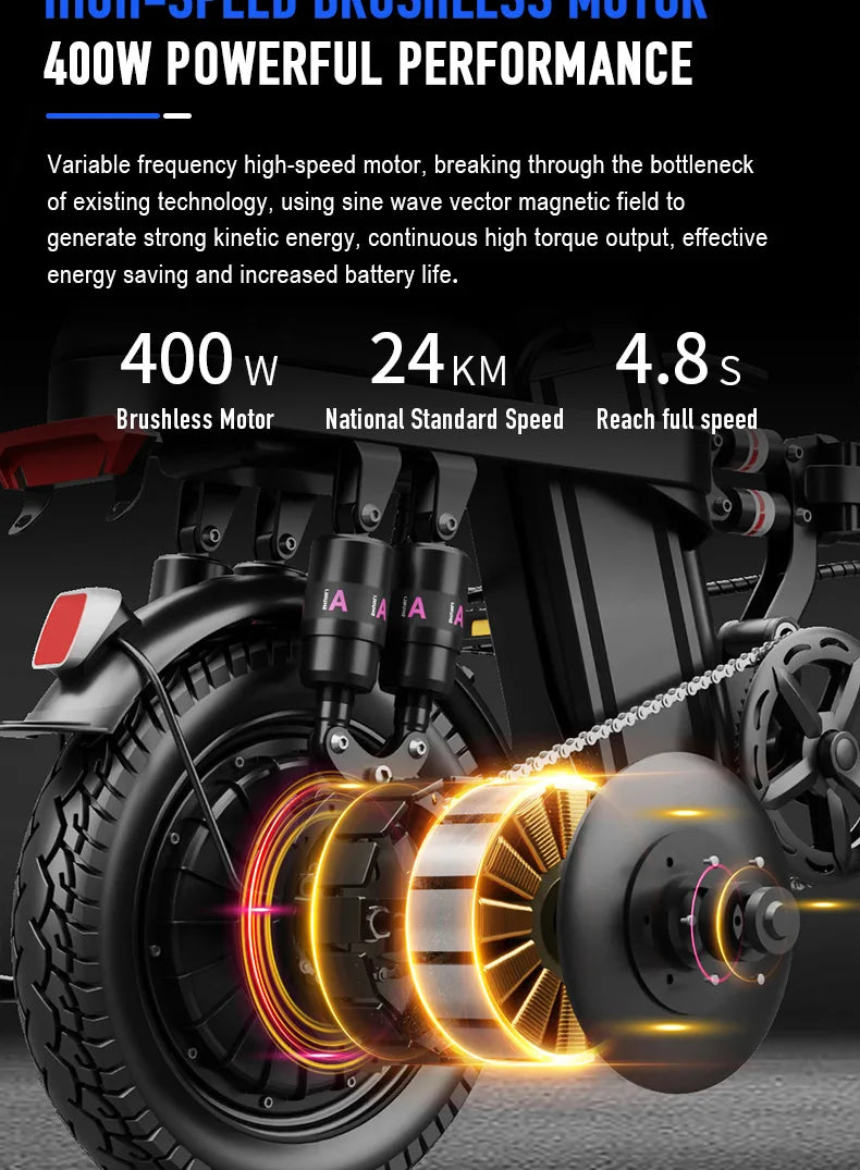 14-Inch Folding Electric Bicycle | 500W Motor, 48V 10.4Ah Lithium Battery | Portable City E-Bike