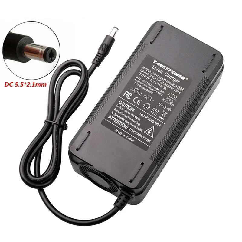 TangsPower 42V 3A lithium battery charger with cable on a white background