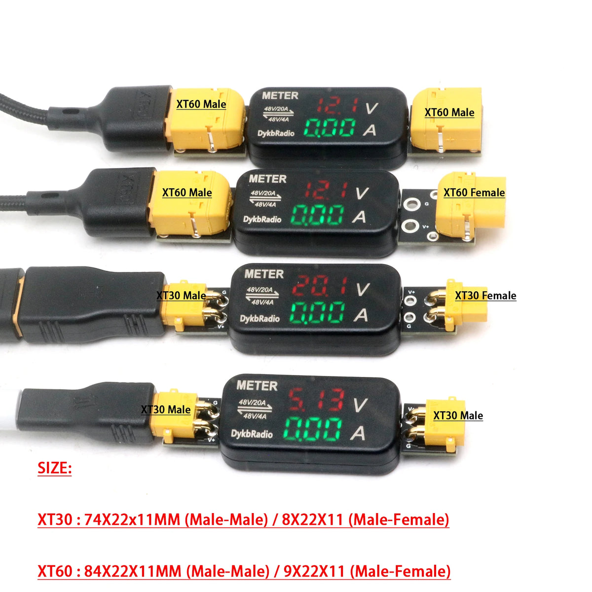 XT30/XT60 DC Meter | Voltage & Current | 20A Bidirectional