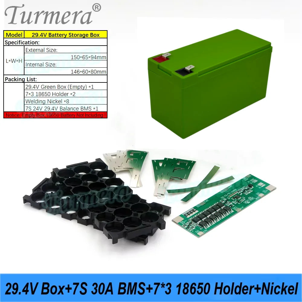 24V/29.4V 18650 Battery Box | 7S3P Holder + 30A BMS | Lead-Acid Swap