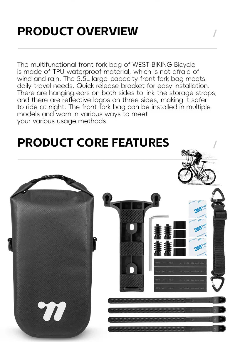 WEST BIKING Bike Front Fork Bag Quick Release Waterproof For Mtb Road Bike Bikepacking Cycling Storage Bag 5.5L Large Capacity