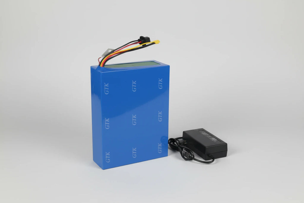Blue lithium battery with charging cable and charger, featuring GTK branding and various capacity options.