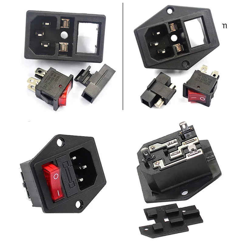 3-pin IEC320 C14 inlet plug connector with integrated rocker switch and LED indicator