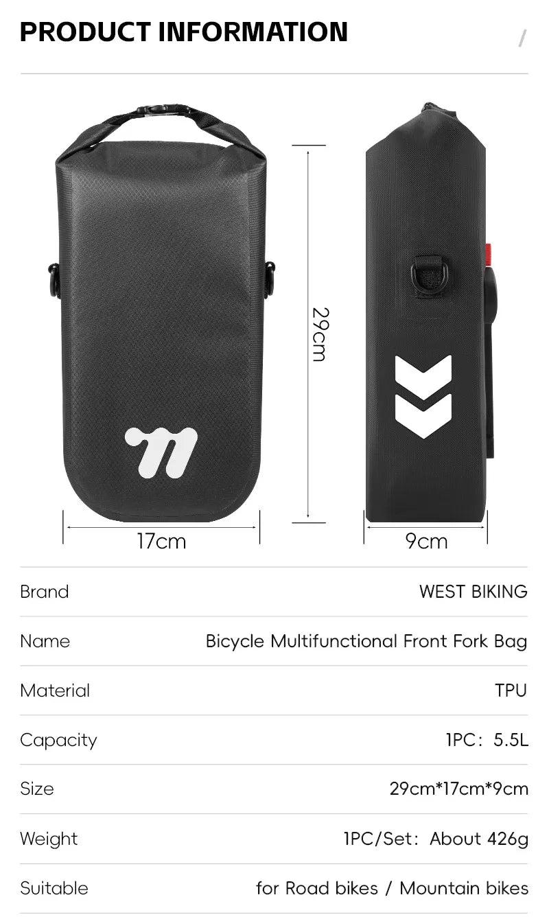 WEST BIKING Bike Front Fork Bag Quick Release Waterproof For Mtb Road Bike Bikepacking Cycling Storage Bag 5.5L Large Capacity