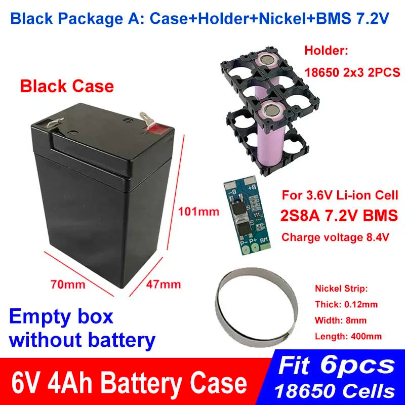 6V Empty Box 4Ah Fit 6pcs 18650 cell 6V4Ah Battery Case 6.4V 7.2V 6Ah 7.5Ah 9Ah 2S3P Holder 8A BMS For DIY Storage Battery Pack