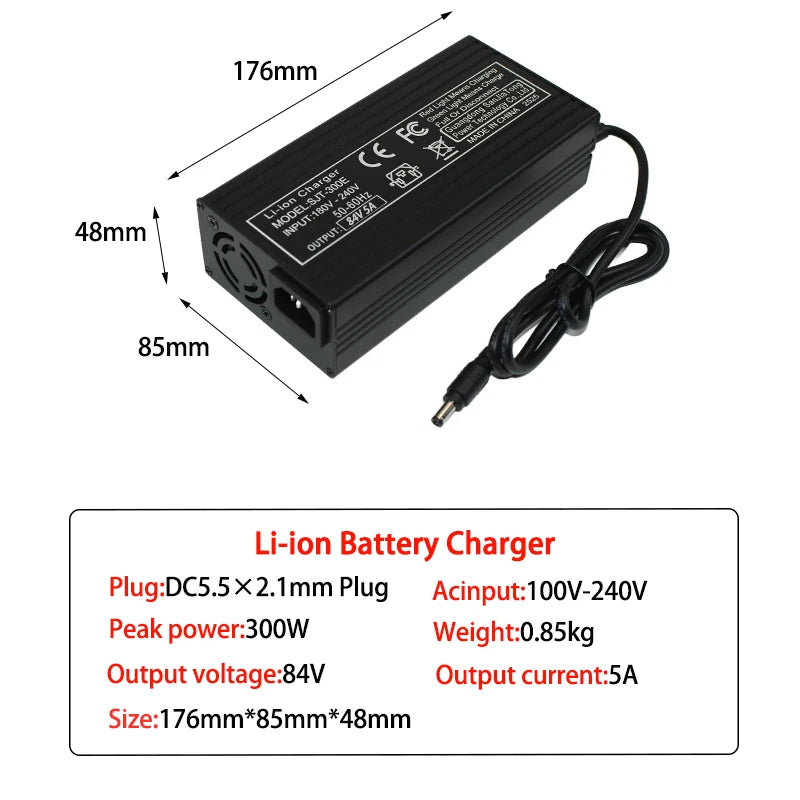 84V 5A Li-Ion Battery Charger | 7 Connector Options | 20S Packs