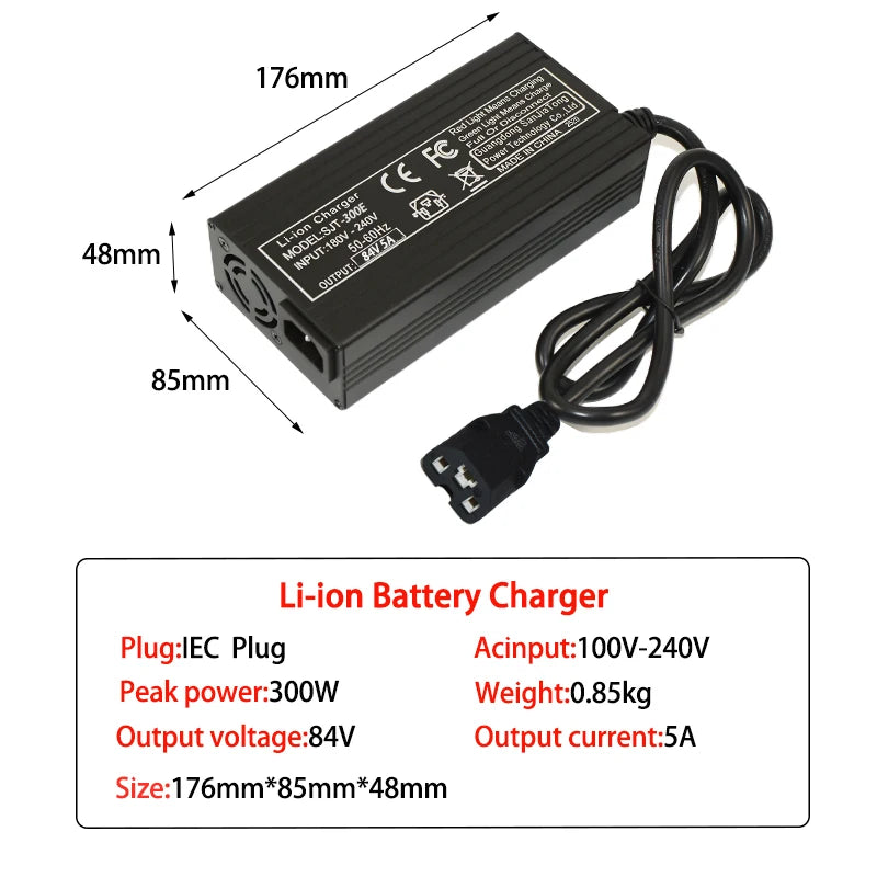 84V 5A Li-Ion Battery Charger | 7 Connector Options | 20S Packs