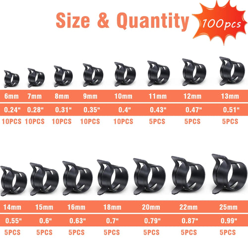 100-Pack 6-25mm Spring Hose Clamps | Plier Kit Included