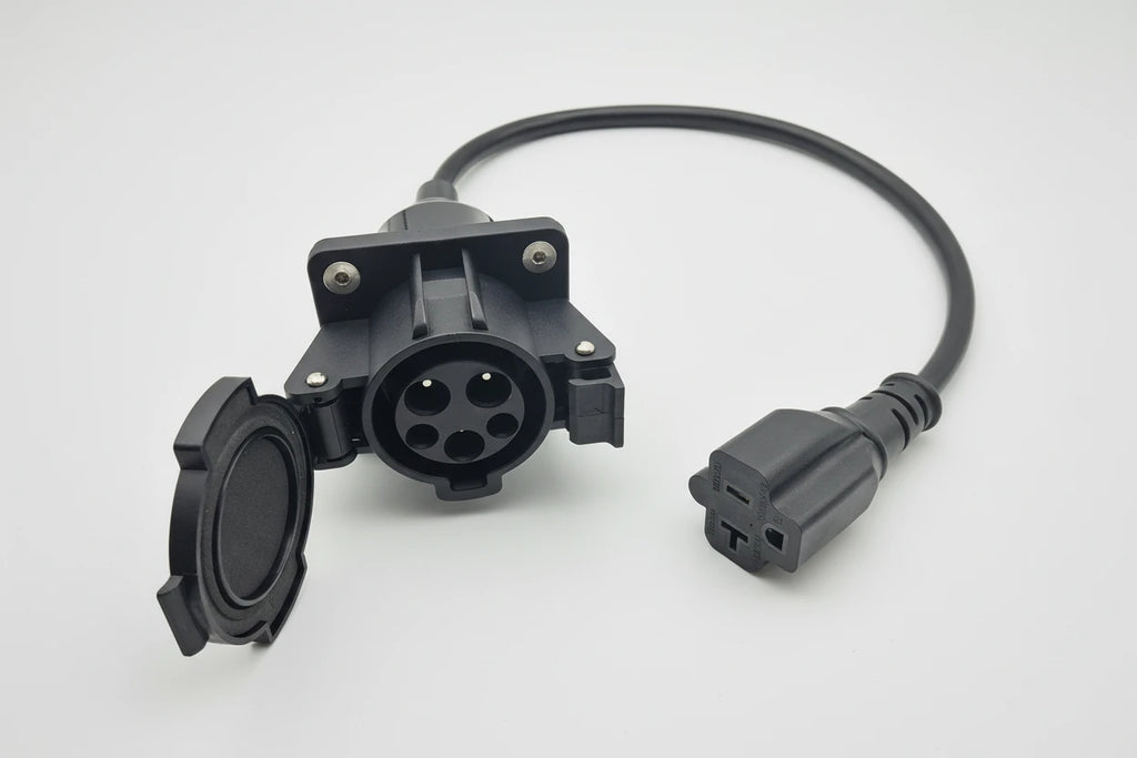 EV Charger Adapter J1772 to NEMA 5-15/5-20 on a white background