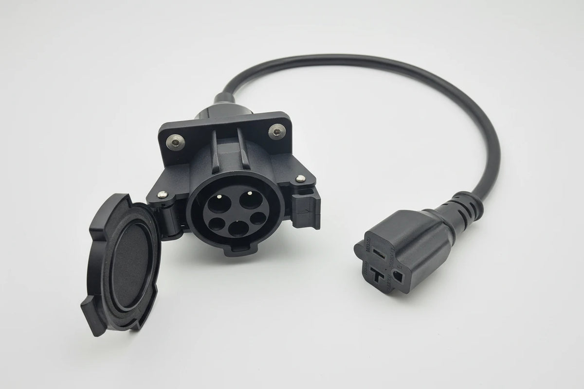 EV Charger Adapter J1772 to NEMA 5-15/5-20 on a white background