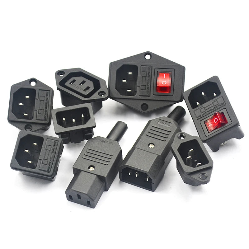 3-pin IEC320 C14 inlet plug connector with integrated rocker switch and LED indicator