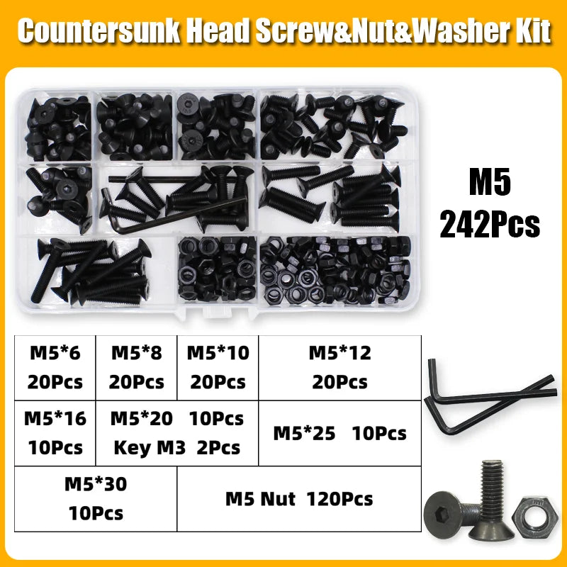Hex Socket Countersunk Screws M2-M8 | Grade 10.9 Steel | Fastener Kit