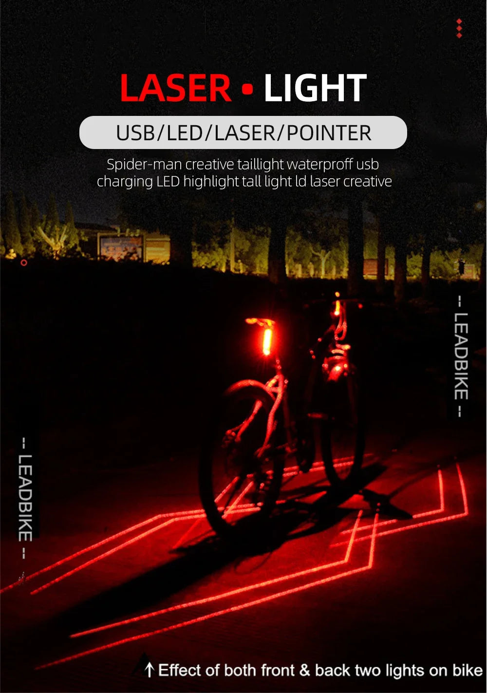 Folding Laser Bike Light Front Rear Safety Warning Bicycle Light USB Rechargeable Bike Tail Rear Light Waterproof Cycling Lamp