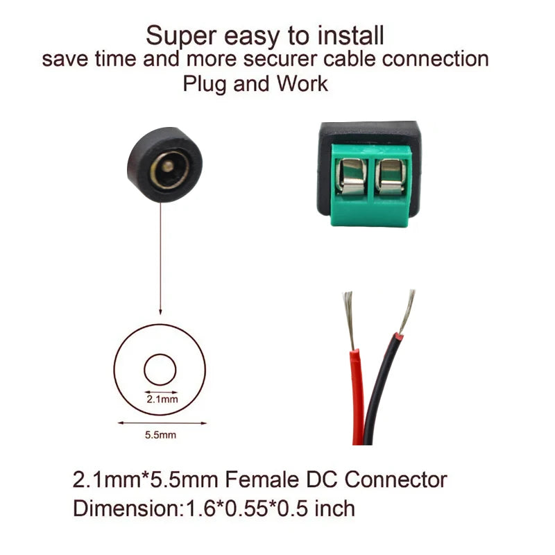 DC 5.5×2.1mm Power Connector Pairs | 12V Male & Female | CCTV / LED Strip