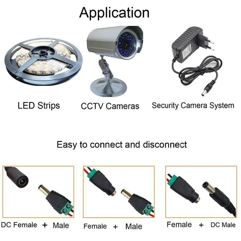 DC 5.5×2.1mm Power Connector Pairs | 12V Male & Female | CCTV / LED Strip