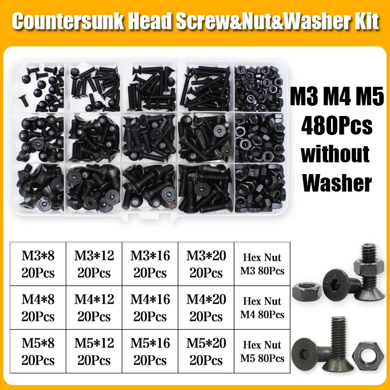 Hex Socket Countersunk Screws M2-M8 | Grade 10.9 Steel | Fastener Kit