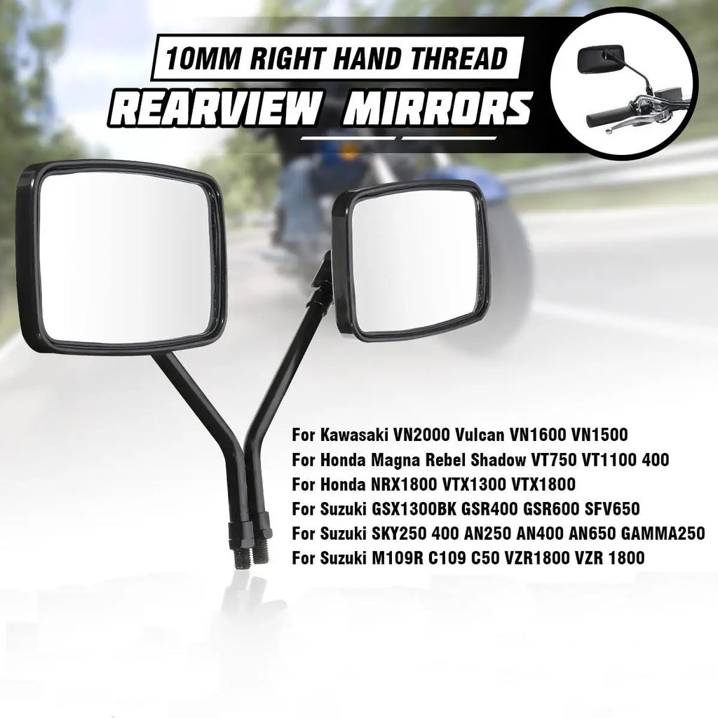 Motorcycle Rearview Mirrors (Pair) | Black Rectangle, 10mm | Scooter & ATV