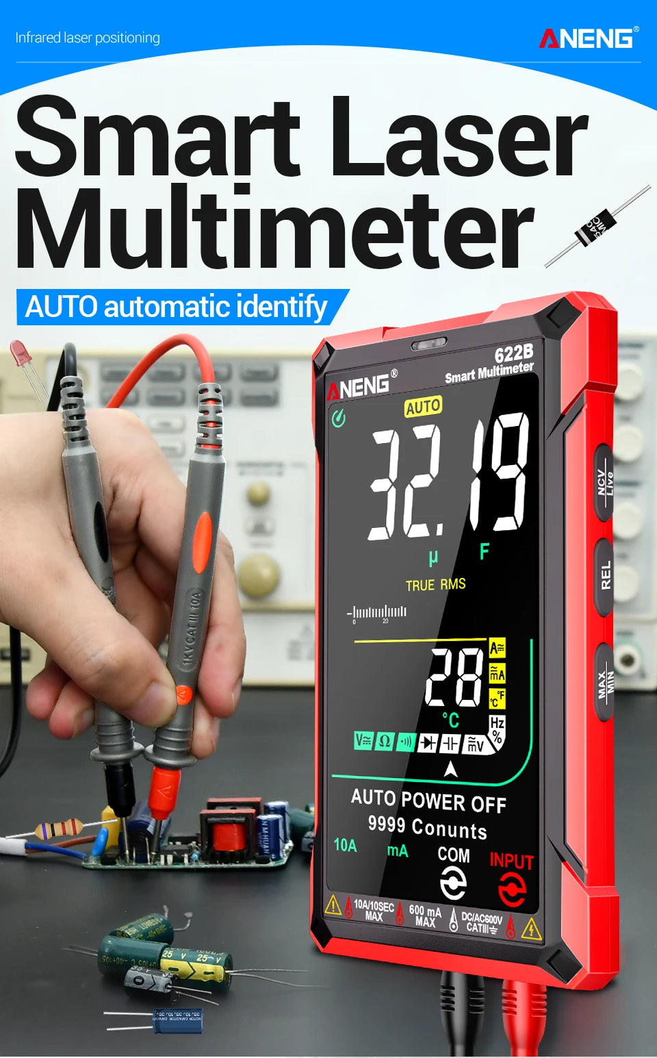 ANENG 622B Multimeter | 9999 Counts | Laser & NCV